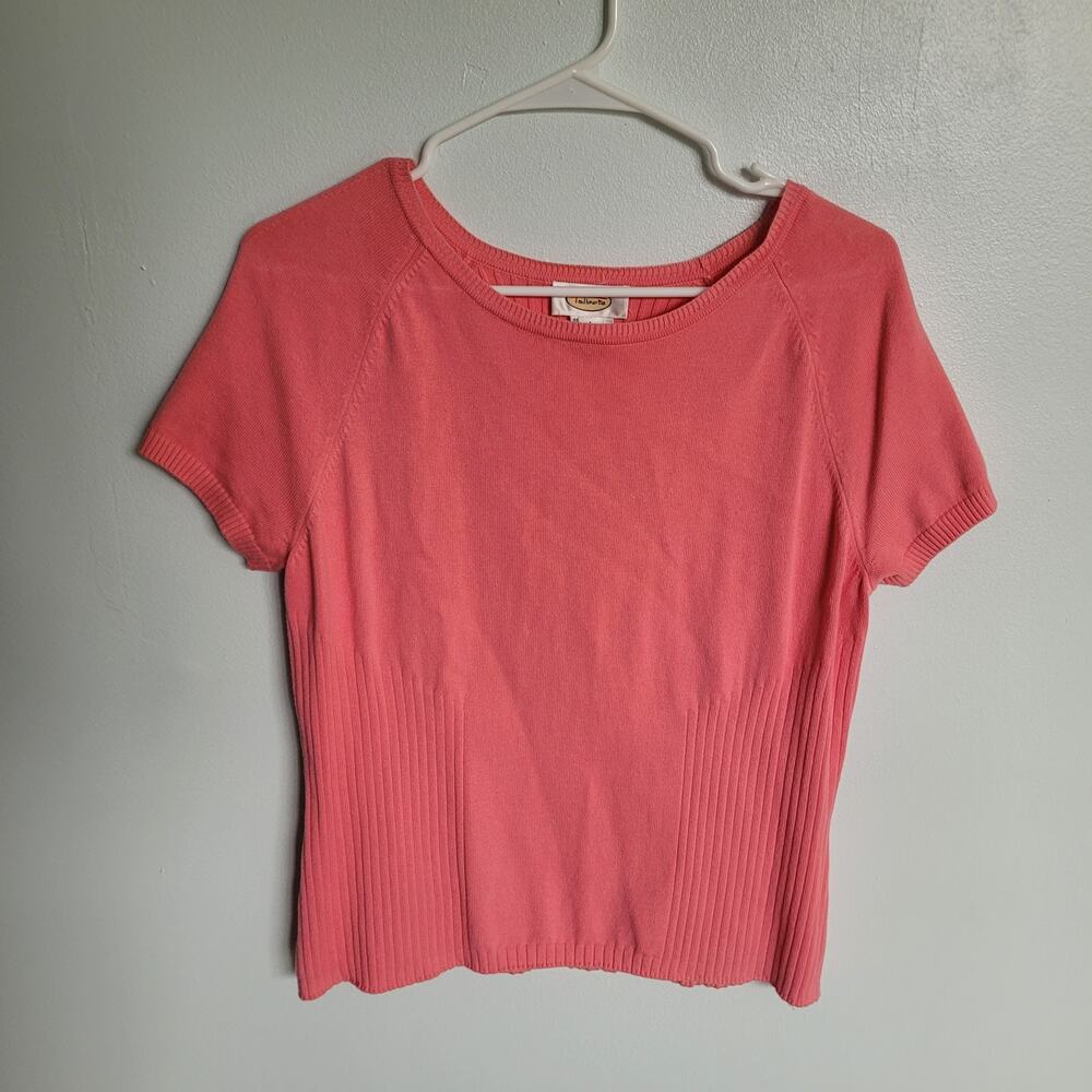 Talbots Womens L Short Sleeve Pink Orange Salmon Ribbed Sweater Shirt Summer Top